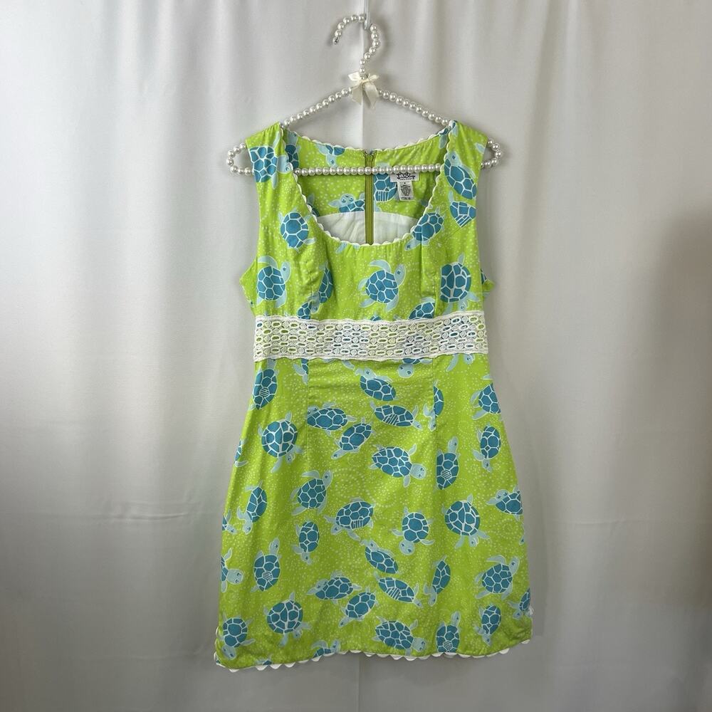 Lilly Pulitzer Dress Sea Turtle Print Lace Trim Details Size 8 Cotton Vintage